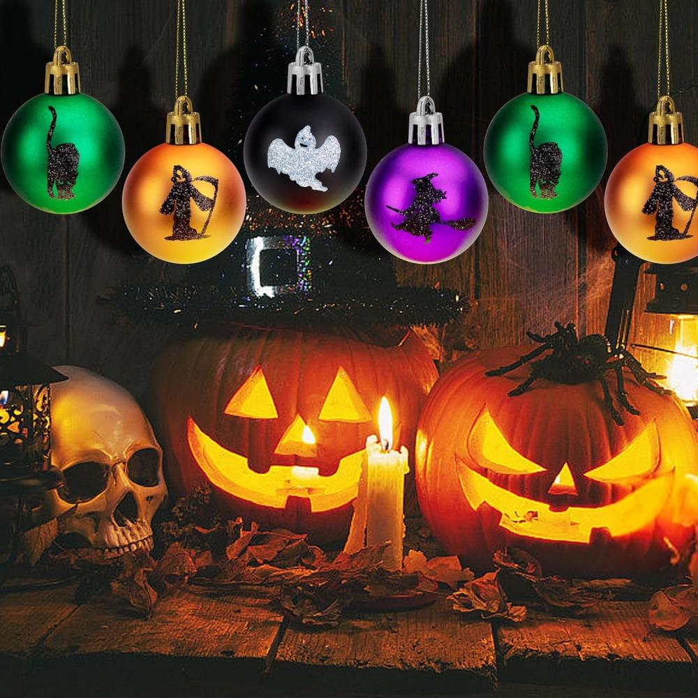 48pcs Halloween Hanging Ball Ornaments Halloween Glitter Witch Ghost Shatterproof Balls- Colorful Hanging Tree Balls Ornaments