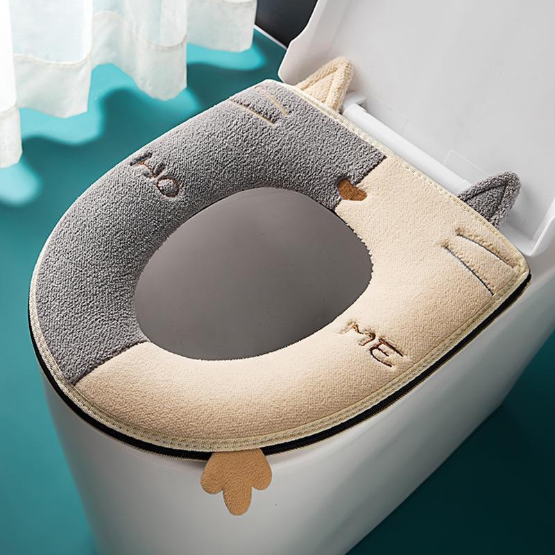Assento de Vaso Sanitário para Gato com Alça Zíper Espesso Quente Almofada de Assento Universal Padrão de Bordado Camurça Acessórios para Banheiro.