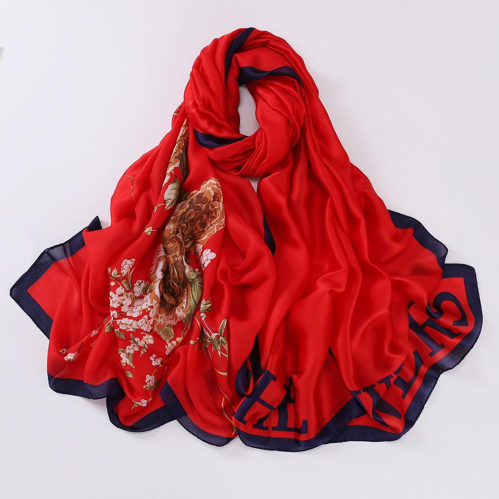 Orta Uzunlukta İpek Eşarp Şen Kırmızı Anneler İçin Hediye Çiçekli Tasarım Basit Nefes Alabilen Güneşten Koruyucu Şal Eşarp