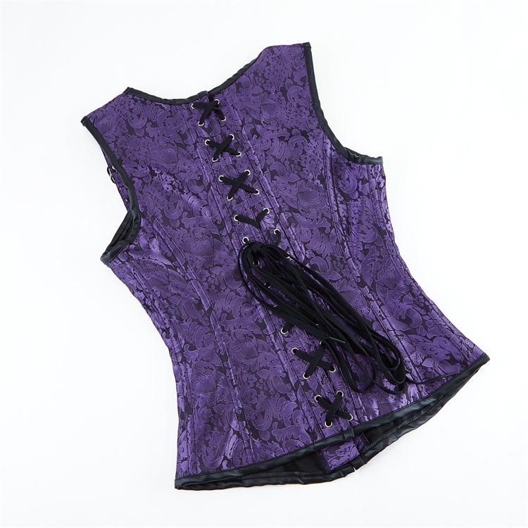 European & American Court Style Black Lace-Up Sleeveless Corset with 12 Steel Bones & Double-Breasted Chain Buttons.