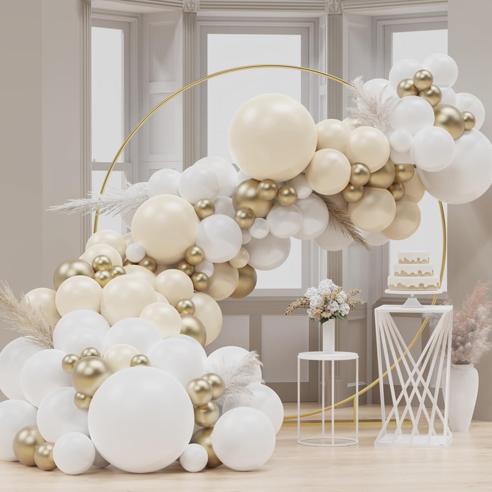 129Pcs Gold and White Latex Balloon Set Suitable for Birthday Parties, Weddings, Valentine's Day Parties, and Decoration