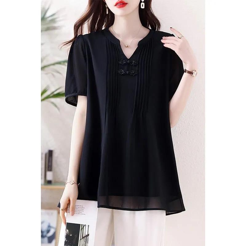 

Women s Black Chinese Style Pleated V-Neck Blouse Short Sleeve Loose Fit Top L чёрный