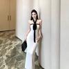 Pure desire wind backless neck tube top dress women's summer body waist skirt contrasting color Spice girl hip wrap dress