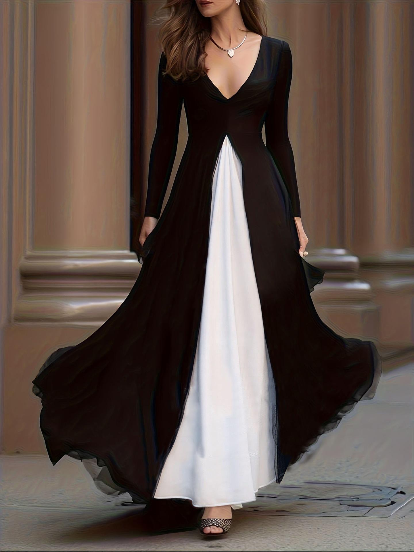 

European & American Chic V-neck Slim Fit Dress - Black & White Color Block, Long Sleeve, Waist-Cinching, Large Hem Skirt M чорний/білий