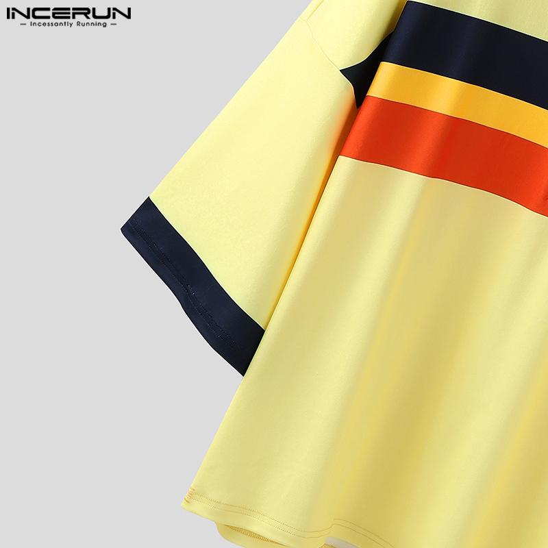 INCERUN Oversized Men Lapel Neck 3/4 Sleeve Striped Stitching Casual Loose T-shirts Tops