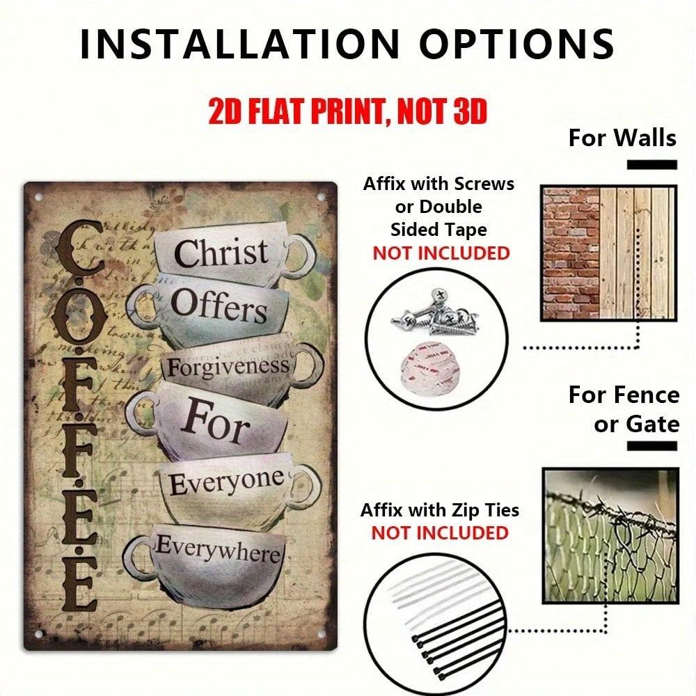 Vintage Christian-Coffee Metallschild, "Christus bietet Vergebung", 2D Flaches Design, Kaffeebar Heimdekor Statement Akzent