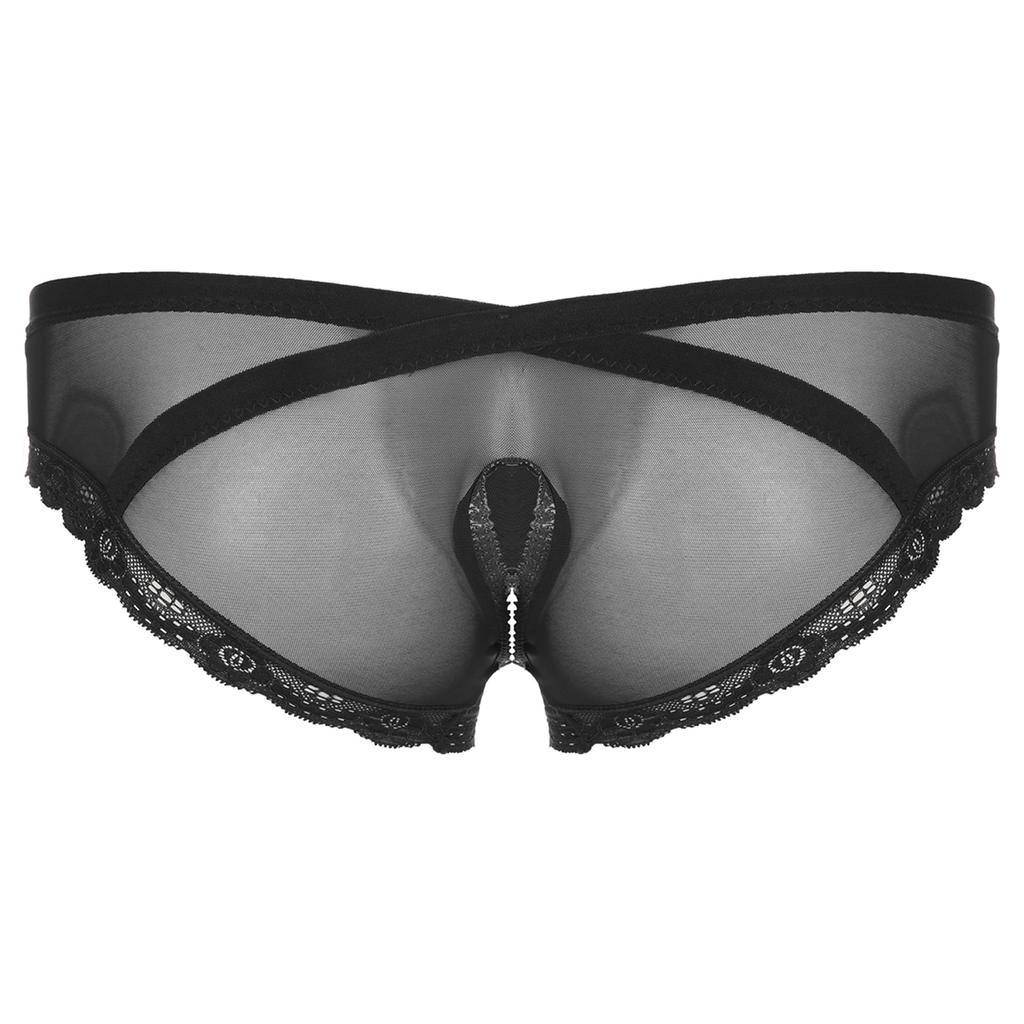 Mens See Through Mesh Crotchless Briefs Low Rise Lace Trim Underpants Cross Dresser Sissy Underwear