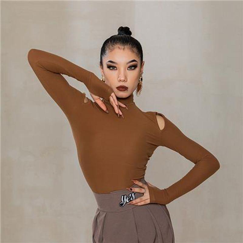 

Y Yoga Clothes Long Sleeves T-shirt Women s New Arrival Latin Leotards Small round Neck Stylish Hollow out Shoulder-Baring Short Top Curry S