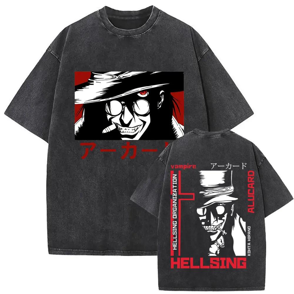Washed Vintage Anime Hellsing Abraham Van Helsing Vampire Alucard Double Sided T-shirts Men's 90s Manga T Shirts