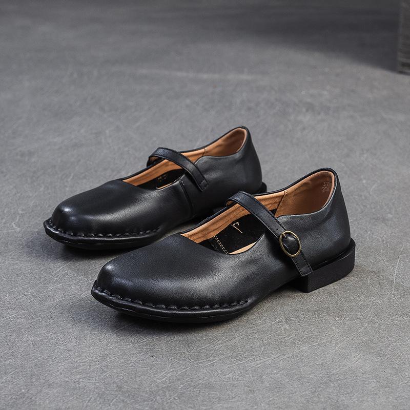 Johnature Genuine Leather Women's Shoes Belt Buckle Simple Solid Color Versatile Round Toe Low Heel Pumps