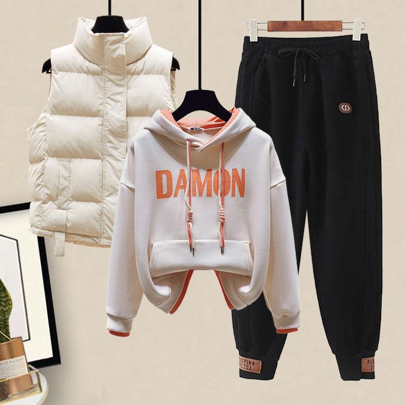 Plush and Thick Hoodie Cotton Vest Casual Sports Pants 3-piece Fashionable Female Student Sports Set Winter Tracksuit Outfits
