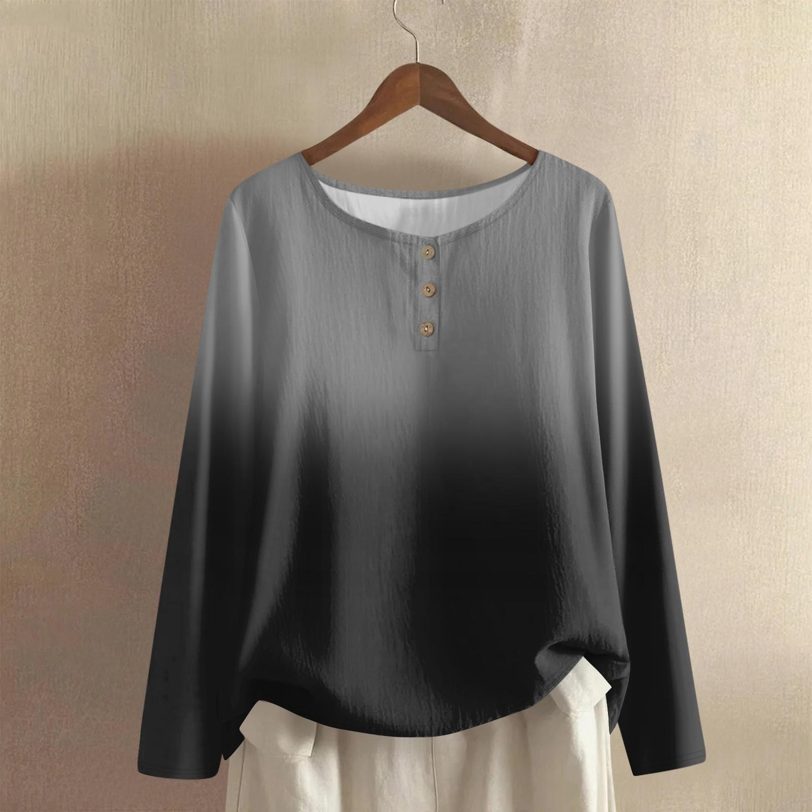

Women s Fashionable And Casual Shirt Long Sleeve Round Neck Solid-color Cotton And Linen Blouse Top L чорний