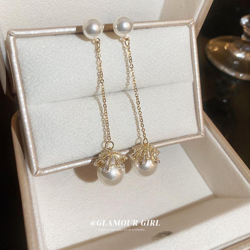 Náušnice se střapci z perel a zirkonů se stříbrnými jehličkami - Francouzský lehký luxus, High-end móda, Všestranné dámské pecky