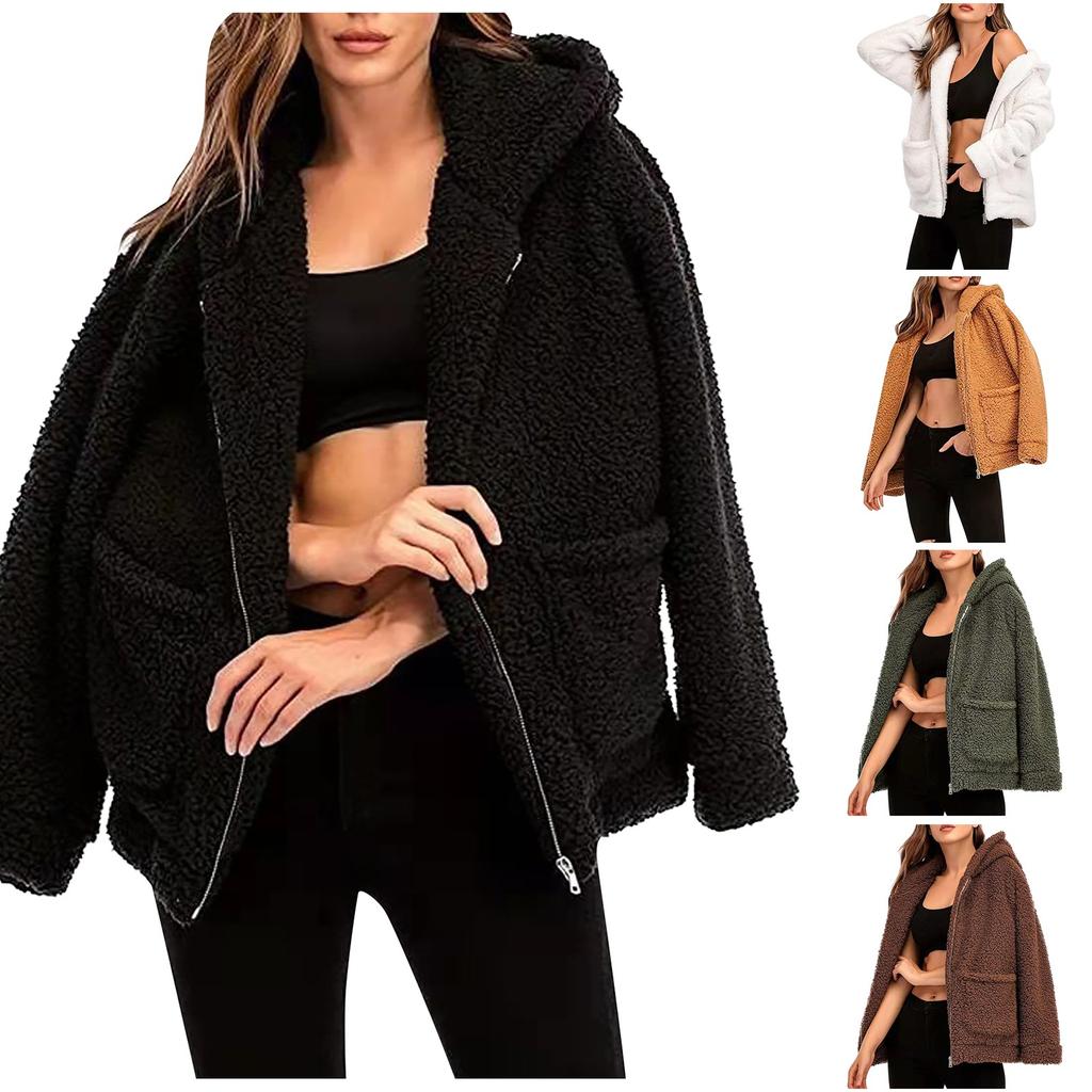 Fashion Casual Ladies Hooded Sweater Plush Pocket Top Solid Color Coat