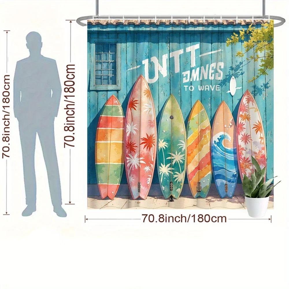 Vibrant Surfboards Shower Curtain Tropical Beach Turquoise Wood Wall Wave Pattern Artistic Ocean Decor With Hooks