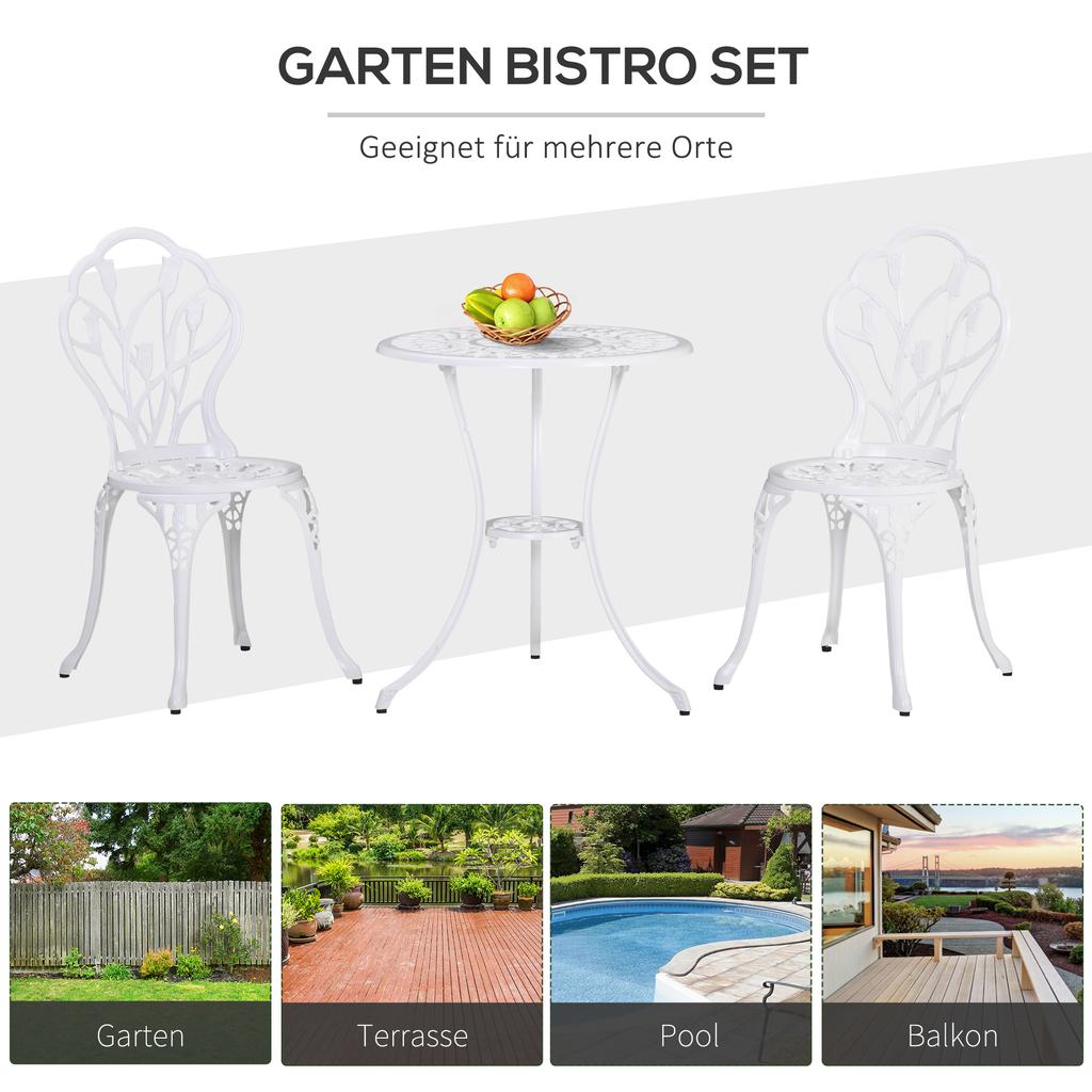 Set da Patio Bistro in 3 Pezzi per 2 Persone, Tavolo e Sedie da Giardino in Alluminio da Esterno con Foro per Ombrellone per Balcone, Bianco