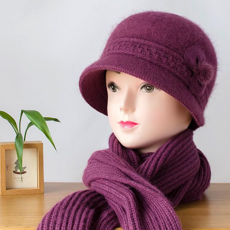 Elegantní vlněná čepice a šála pro zralé ženy - Plus sametově hřejivé, pletenina z veverčí vlny, všestranný design pro podzim/zimu