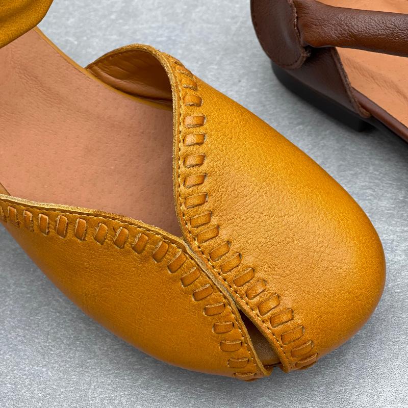 Johnature Retro Handmade Genuine Leather Sandals Hollow-out Soft Sole Round Toe Women's Shoes