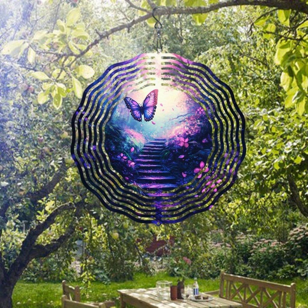 Metal Butterfly Wind Spinner 2D Kinetic Garden Decor with Colorful Flowers and Leaves for Outdoor Patio Yard Backyard Decoration