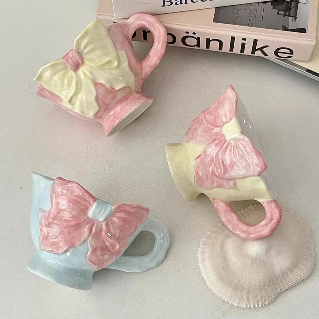 1 Stück 180ml Handbemalte Keramik-Kaffeetasse mit Schleife, Handgepresste Tasse mit flachem Henkel, Geeignet für Café Latte Handgemahlenen Kaffeebecher