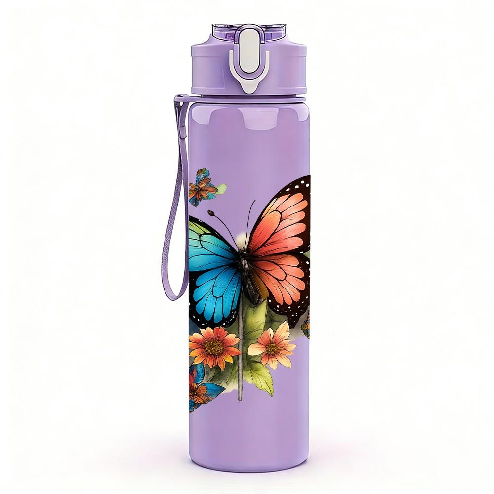 1PC Colorful Butterfly Art 750ml Color Plastic Sports Water Bottle Leakproof Flip Straw Lid Suitable for Sports Office Home Use