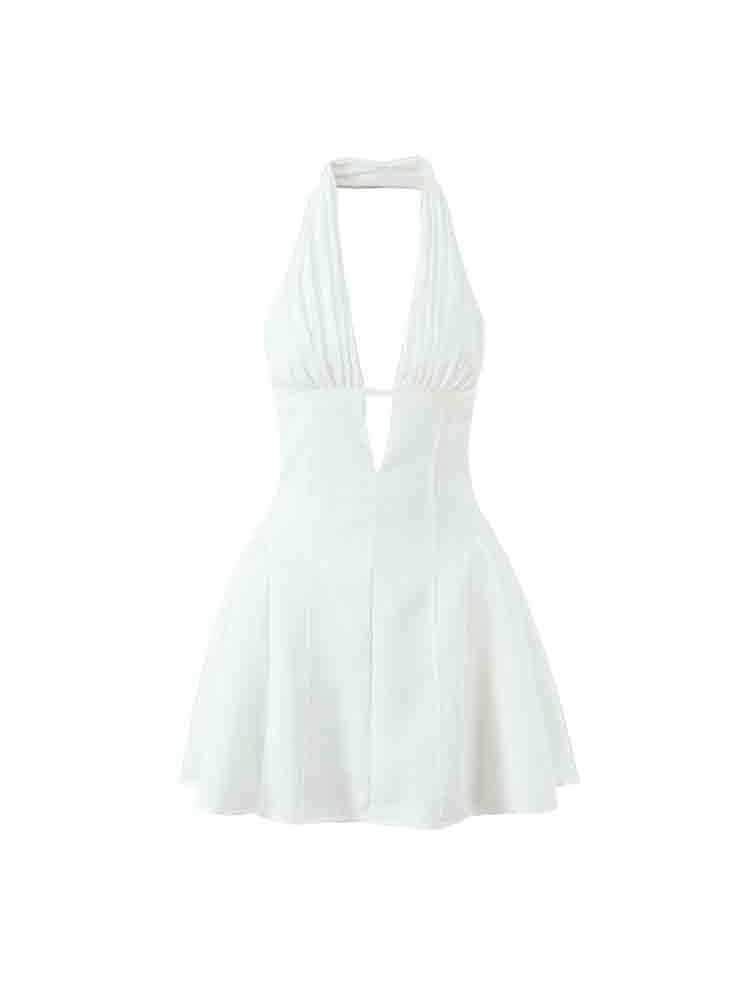 Autumn Women's Slim-Fit Beach V-Neck Ruched Halter Dress