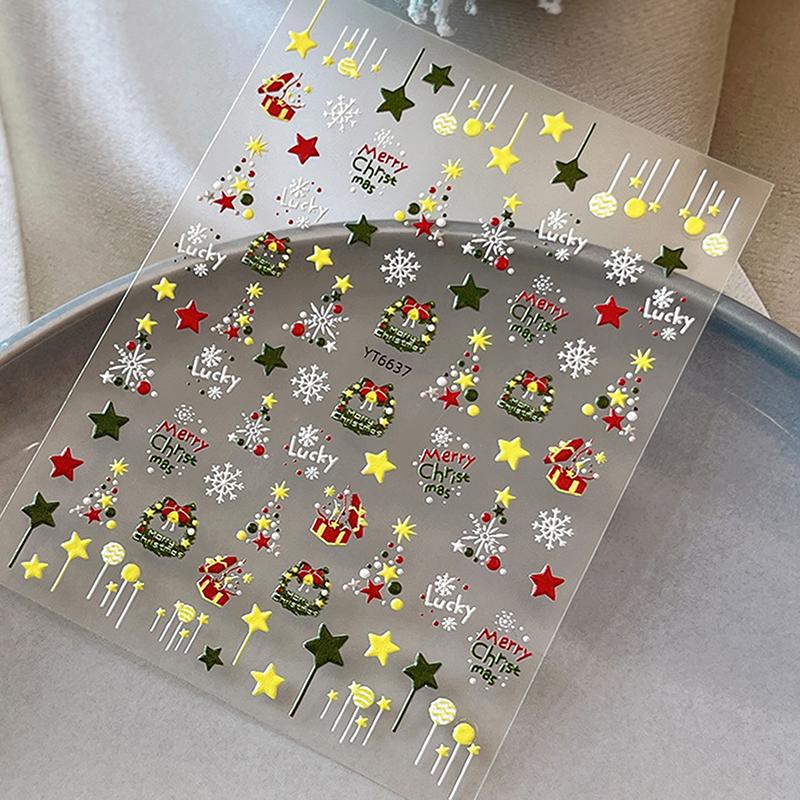 5D Winter Christmas Nail Stickers Colorful Star Garland Bells Snowflake Nail Art Decal Manicure Decorations