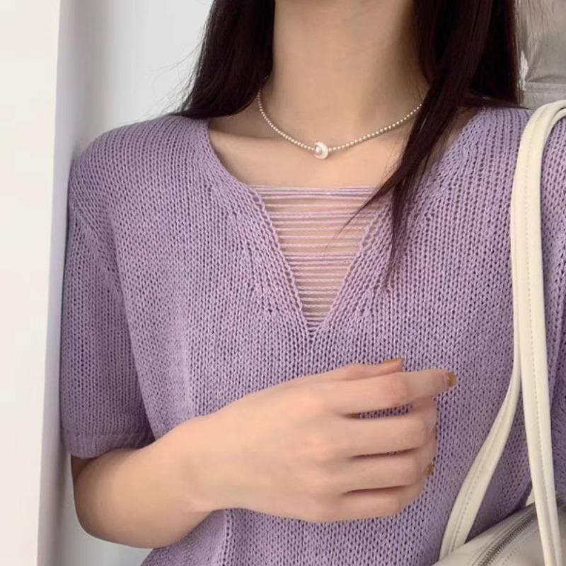 Summer new hollow V-neck short-sleeved knitted sweater loose and thin thin yarn cool T-shirt top