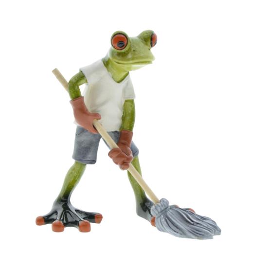 Mopping Cartoon Frog Figurine Doing Resin Statue Housework Frog Sculpture Home Office