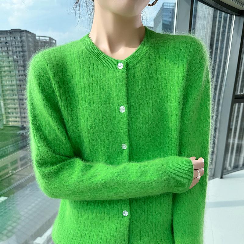 Women's Retro Cable Knit Mink Velvet Cardigan - Round Neck, Long Sleeve, Loose Fit, Short Sweater Coat