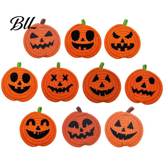 Halloween Kitchen Tableware Pumpkin Cotton Rope Coaster, Handwoven Placemat with Funny Face, Iron Reusable Drink Coasters Craft Table Mat for