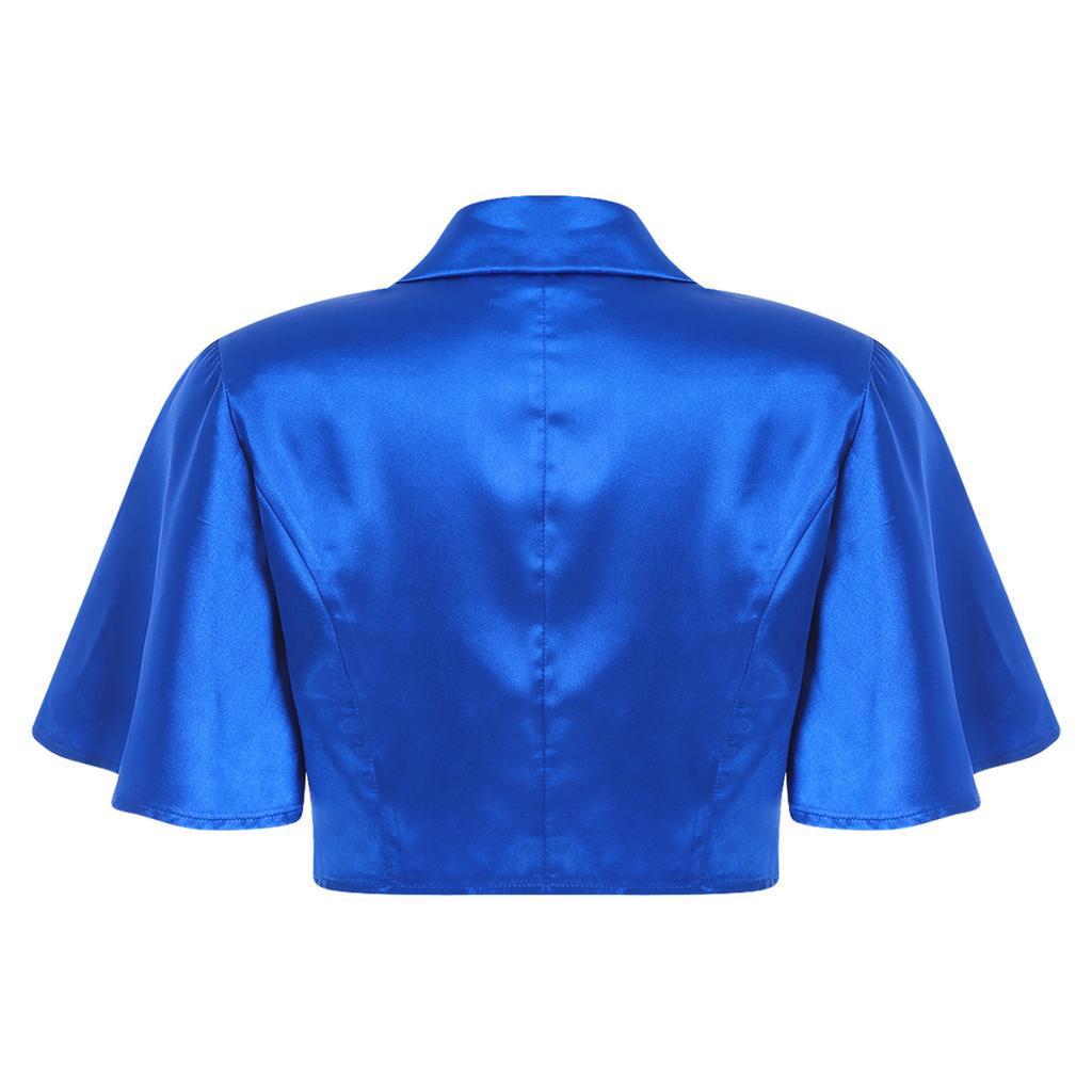 Women Satin Jacket Top Lapel Collar Flutter Sleeve Front Button Blouse Victorian Style for Casual Daily Party Wear
