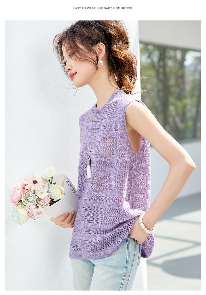 Fashionable 26 year summer outfit, layered on top, round neck, hollowed out knitted vest, knitted sweater, shoulder cut top, women's clothing