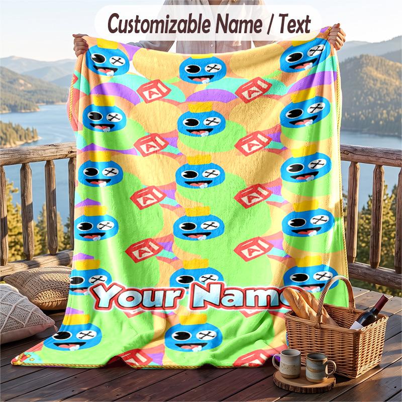 Rainbow Friends Flannel Blanket, Personalized Custom Name Text, Soft Warm Plush Throw Blanket For Gift