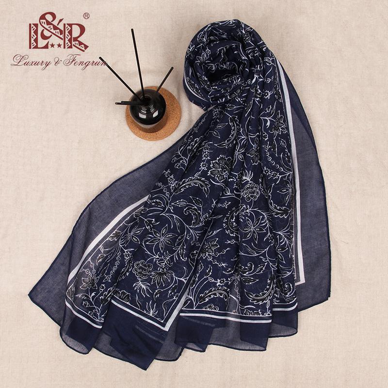 Sciarpa Stola Floreale Blu Scuro Leggera Stile Europeo & Americano Primavera-Autunno