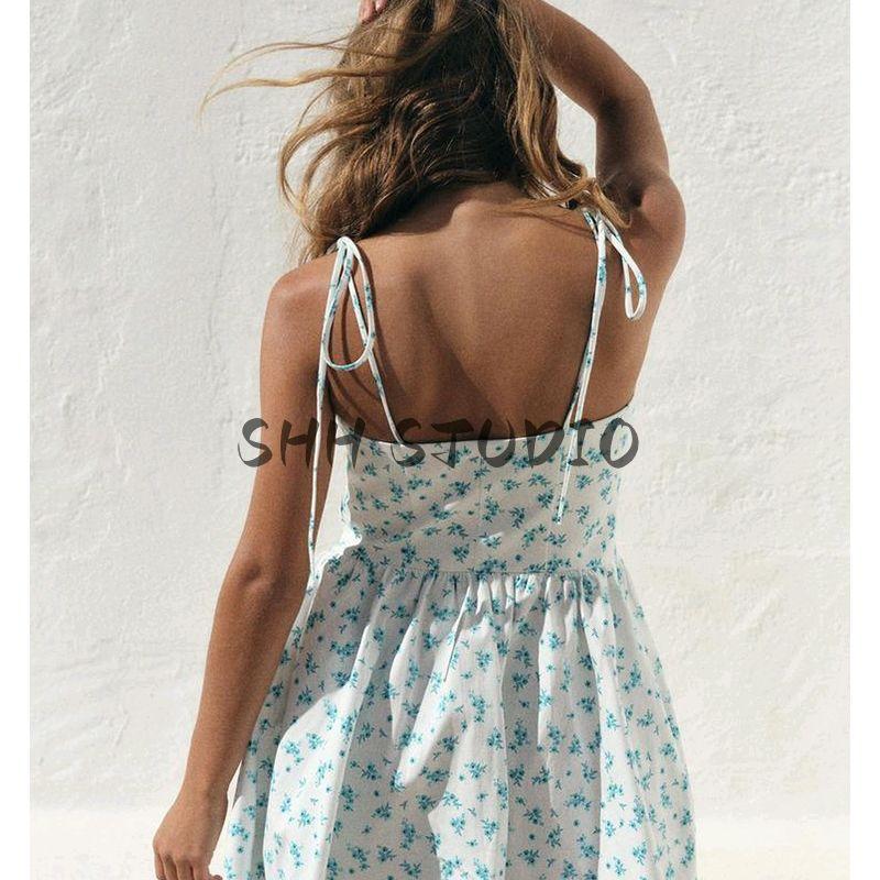 Summer New Product Women's Clothes Bows Shoelace Flowers Print A- line Bubble Mini Dress 4661382