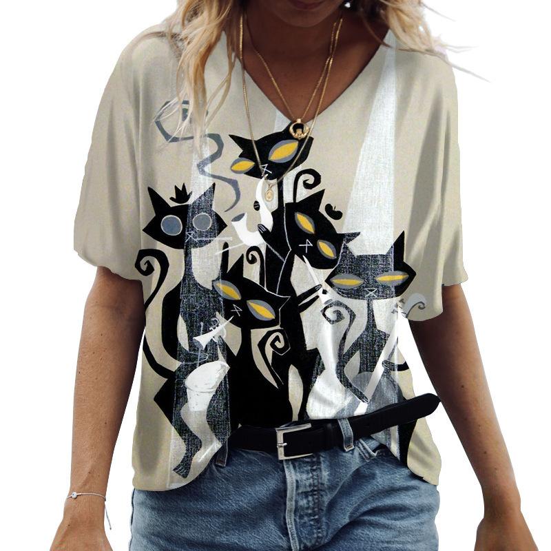 

Женская футболка 2025 года, летний принт с кошкой, персонализированная свободная ретро женская футболка с V-образным вырезом и коротким рукавом в уличном стиле, повседневный топ 5XL