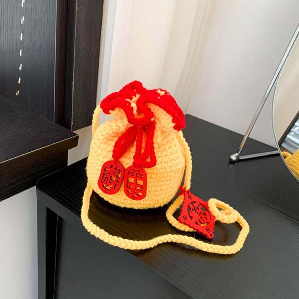 Kintted New Year Shoulder Bag Lace Up Lucky Crossbody Bag Kawaii Children's Messenger Bag Children