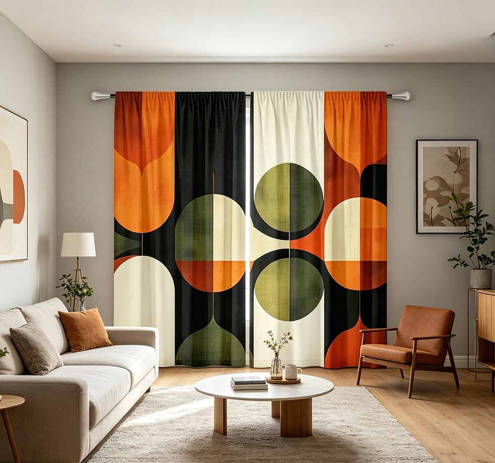 2 Stück Digital bedruckte Vorhänge, Oranges Schwarzes Patchwork-Muster, Kräftiger Moderner Geometrischer Stil für Wohnzimmer Schlafzimmer Heimdekoration