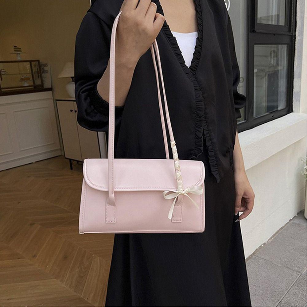 

Leisure Bow Ribbons Shoulder Bag Solid Color Women s Handbag Large Capacity Underarm Bag Ladies білий