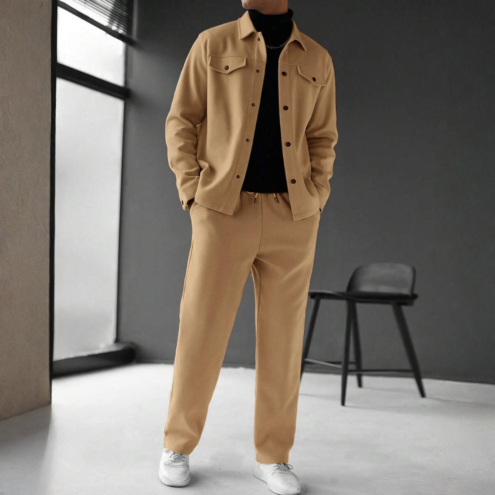 

Men s Solid Color Fashion Cardigan Lapel Jacket Suit Loose Pants Long Sleeve Suit S хаки