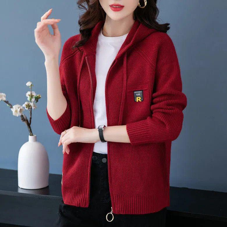 Autumn and Winter Knitted Cardigan Tops for Women's Hooded Sweater Jacket Loose Fashionable and Versatile
