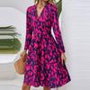 Women's Fashion Casual V-Neck Long Sleeve Waist Floral Print Midi Dress
