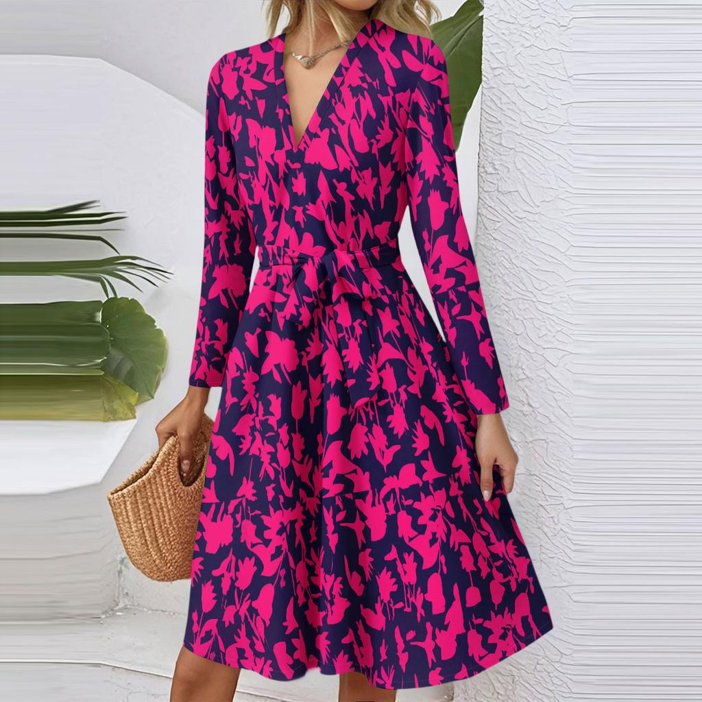 Women's Fashion Casual V-Neck Long Sleeve Waist Floral Print Midi Dress