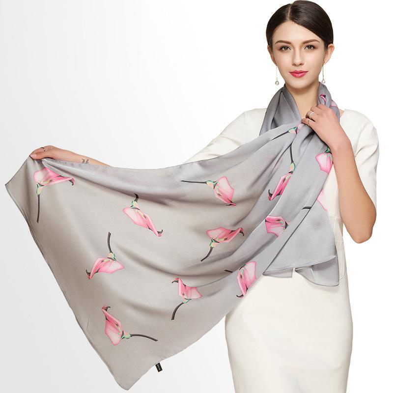 Silk Scarf Streamer Calla Lily Print Women'S Mulberry Silk Silk Scarf Georgette Satin Shawl Elegant Silk