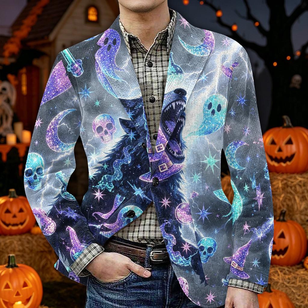 Men's Halloween Print Corduroy Warm Blazer Jacket with Pockets Casual Suit Coat Cardigan for Fall and Winter Wear