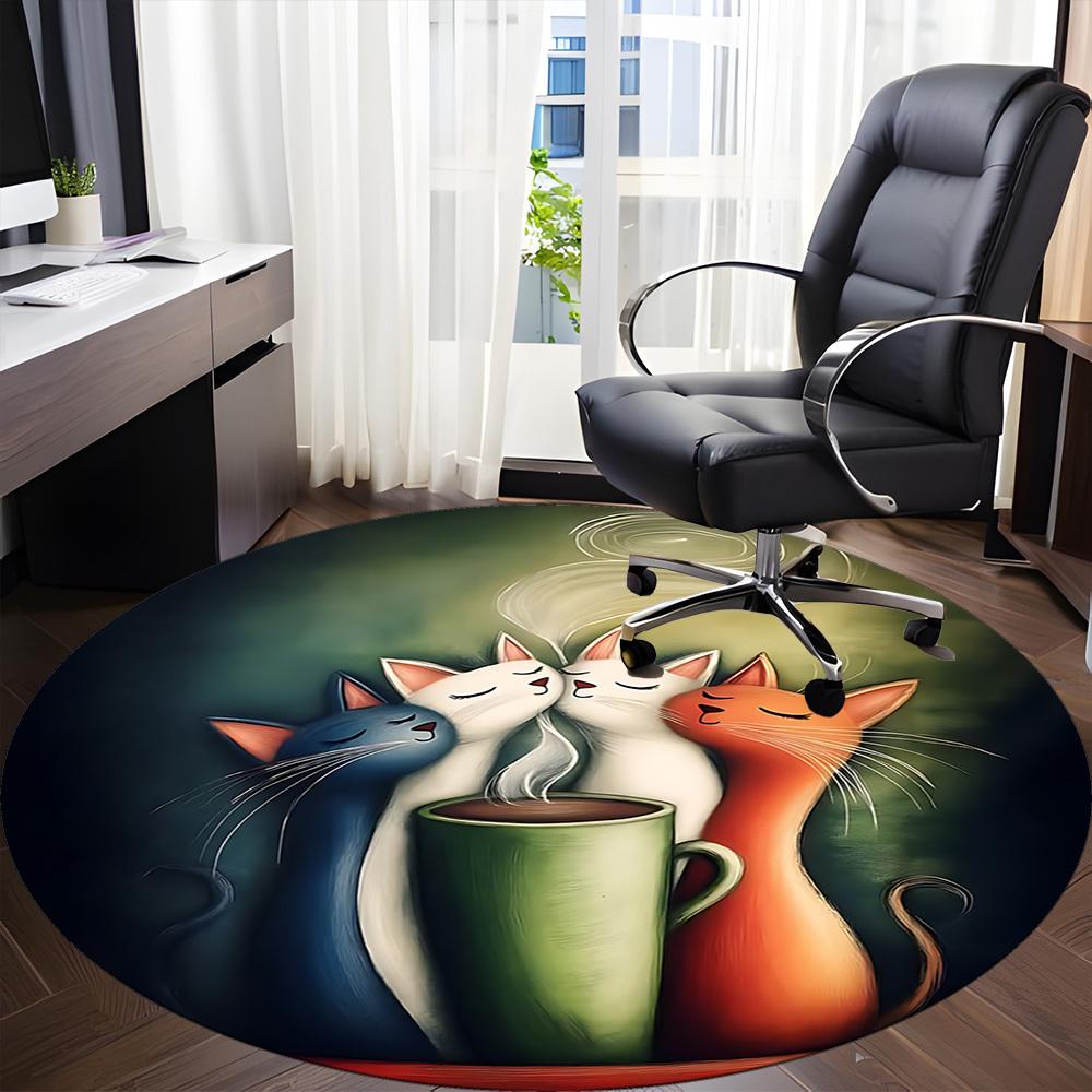 1pc Cats Coffee Office Round Area Rug, Indoor Mat Suitable ForOffice, Under Office Chairs Bedroom Living Room Home Decor, Room Deco  D042