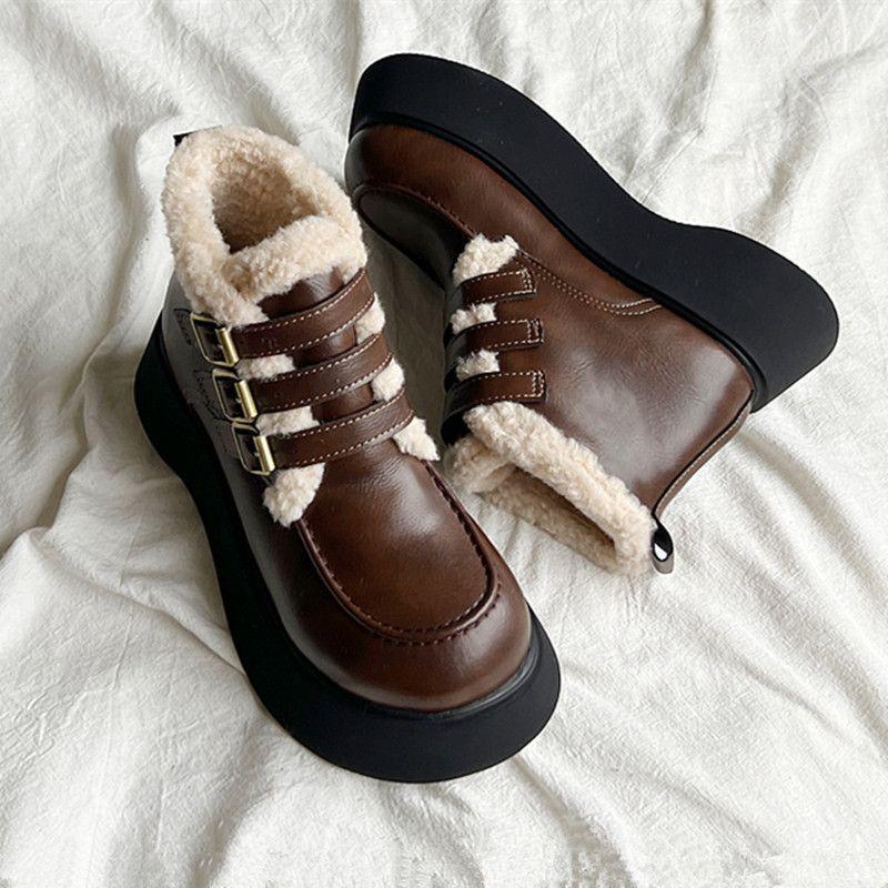 Women's Belt Buckle Soft Sole Winter Warm Fur One Snow Boots Padded Lined Ankle Boots Non-Slip Hiking Casual Sports Cotton Boots Martin Boots