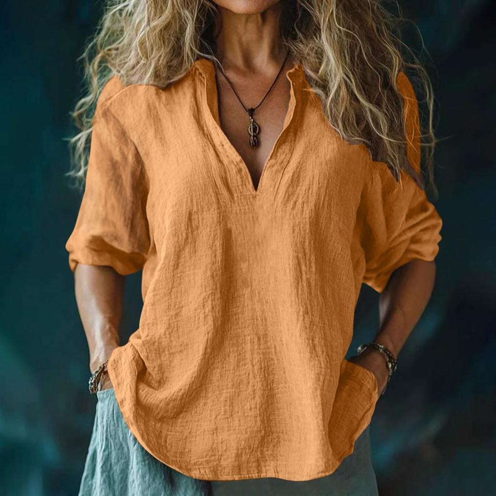 Women's Fashion Casual V-Neck Cotton-Linen Blend Shirt Loose-Fit Short-Sleeve Top
