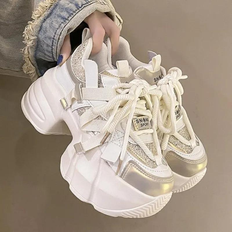 Fashion 7CM Autumn Women Chunky Outdoors Sneakers High Platform Sports Dad Shoes Woman Bling Casual Vulcanized Shoes Zapatillas Mujer
